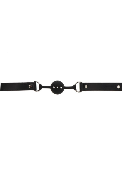 Zwarte siliconen ball gag met riemen en ronde bal, breed zijaanzicht