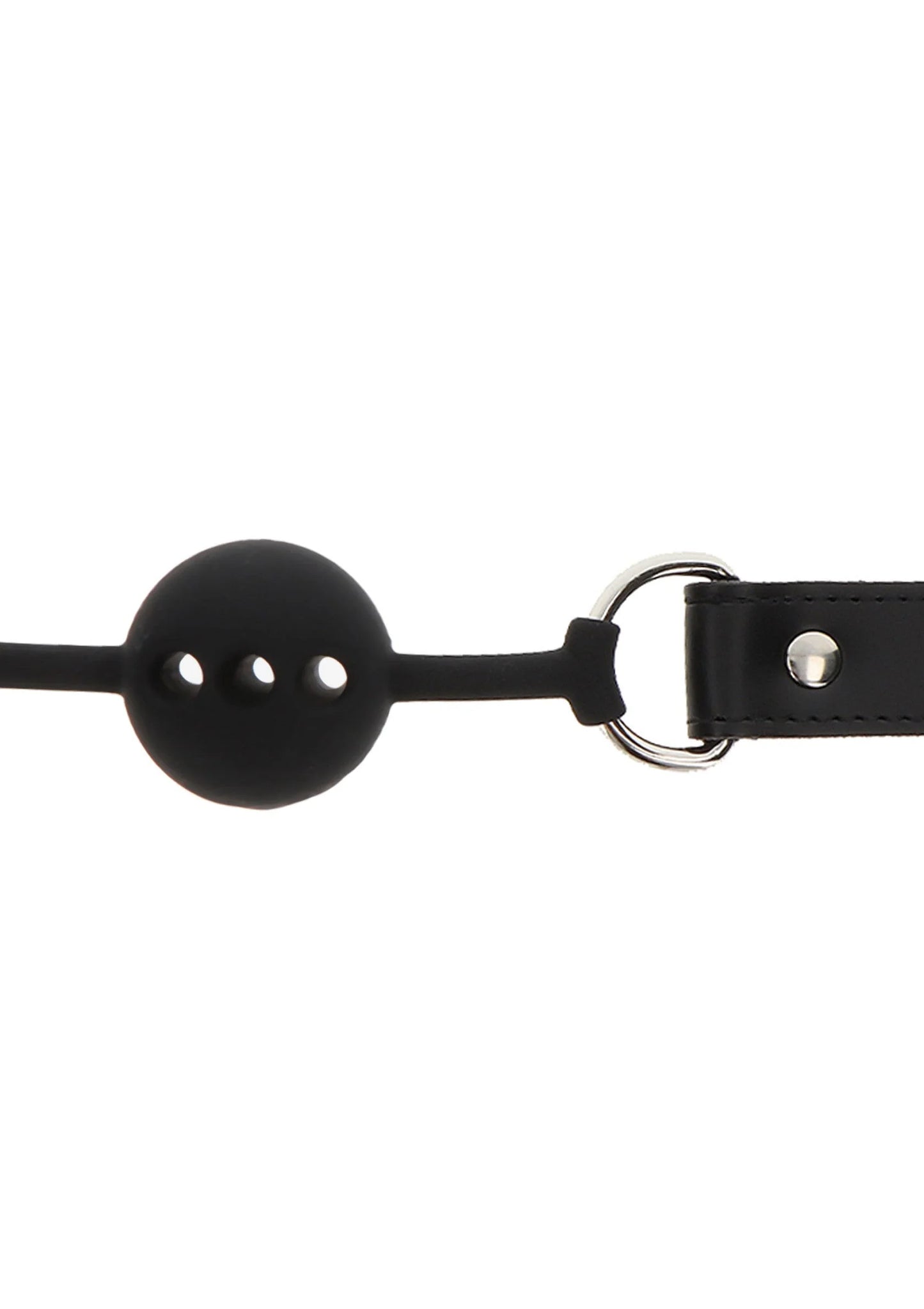 Zwarte siliconen ball gag met ronde bal en metalen gespen, detail