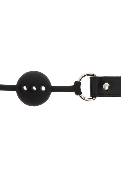 Zwarte siliconen ball gag met ronde bal en metalen gespen, detail