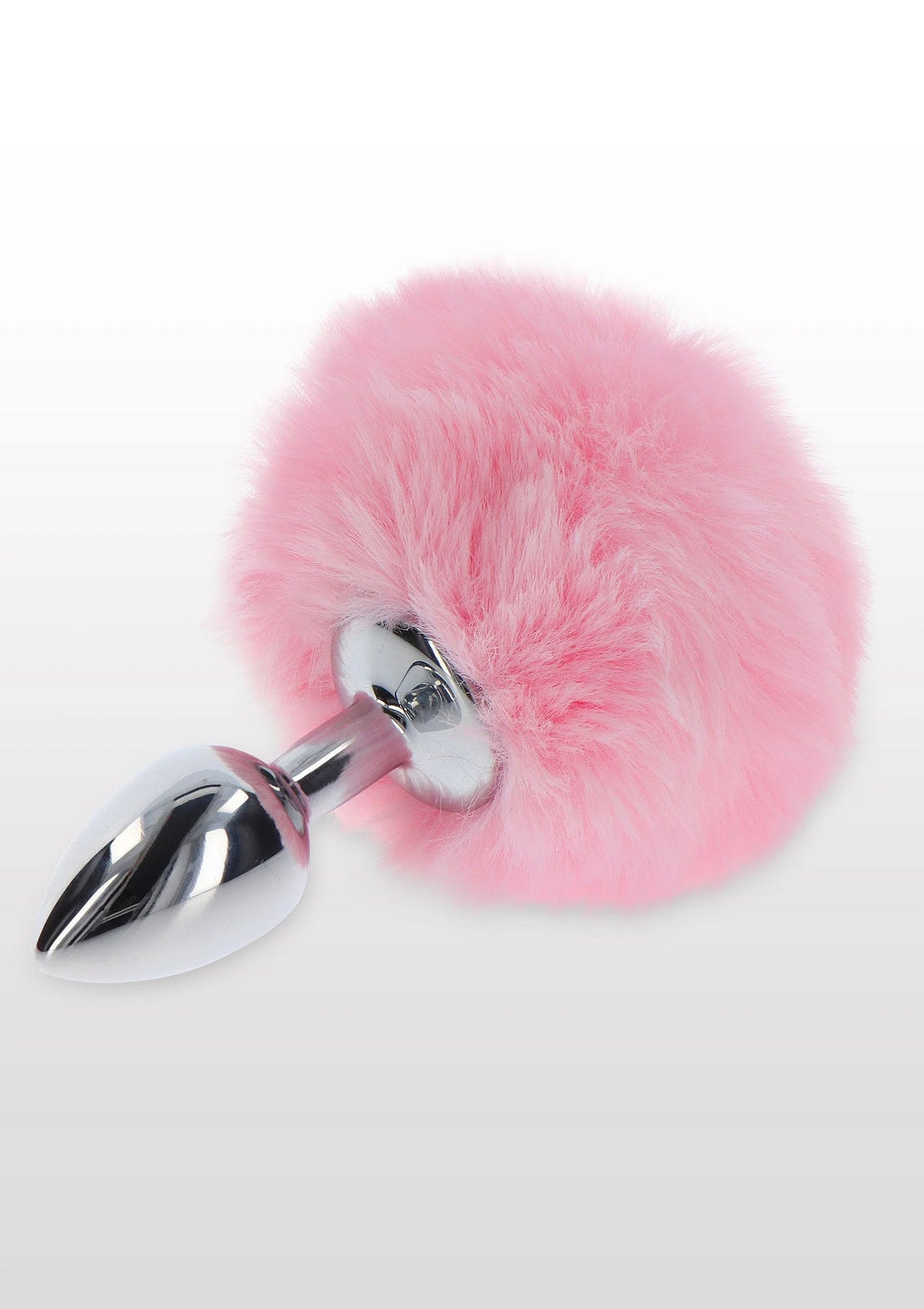 Roze pluizige bunnytail buttplug met glanzende zilveren metalen punt.