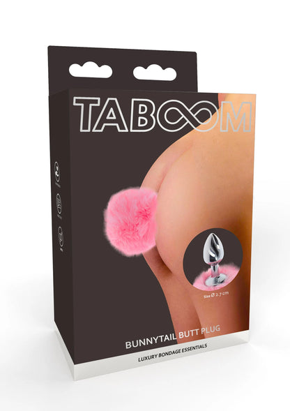 Taboom doos met roze pluizige bunnytail buttplug en zilveren metalen plug.