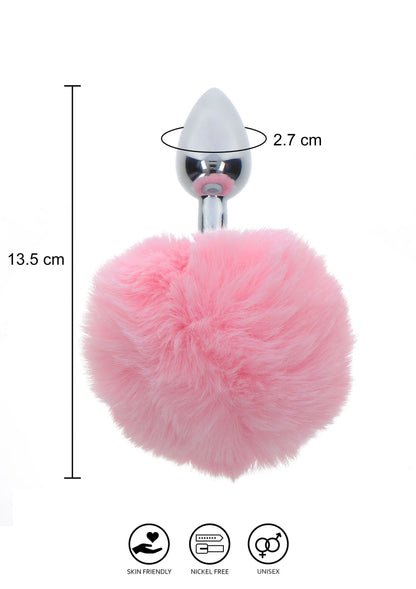 Roze pluizige buttplug met zilveren metalen plug; 13,5 cm en 2,7 cm gemarkeerd.