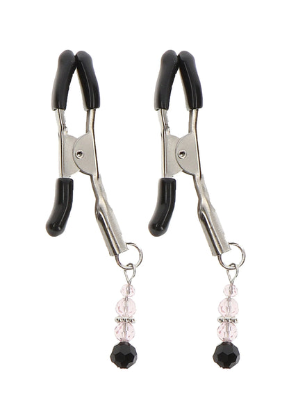Twee tepelclips met kralen, zwarte klemmen en roze plus zwarte hangers