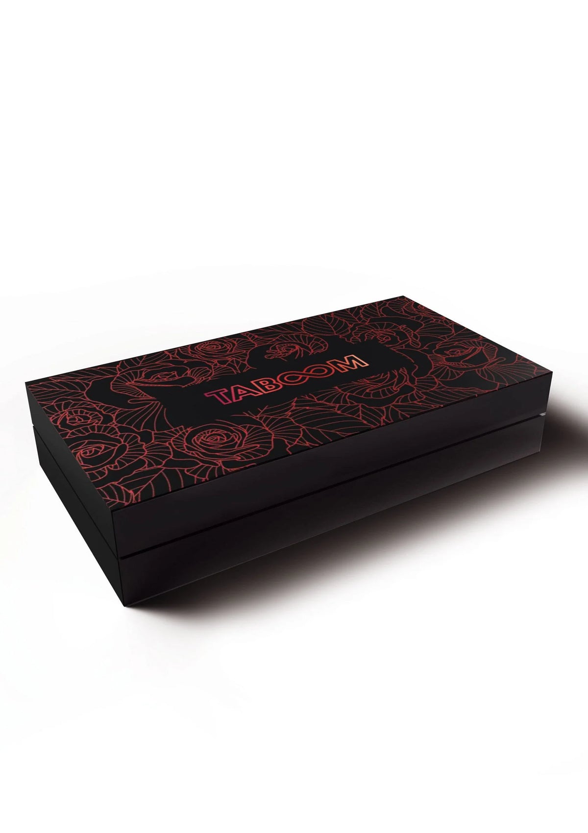 Zwarte doos met rood rozenpatroon en TABOOM-opdruk