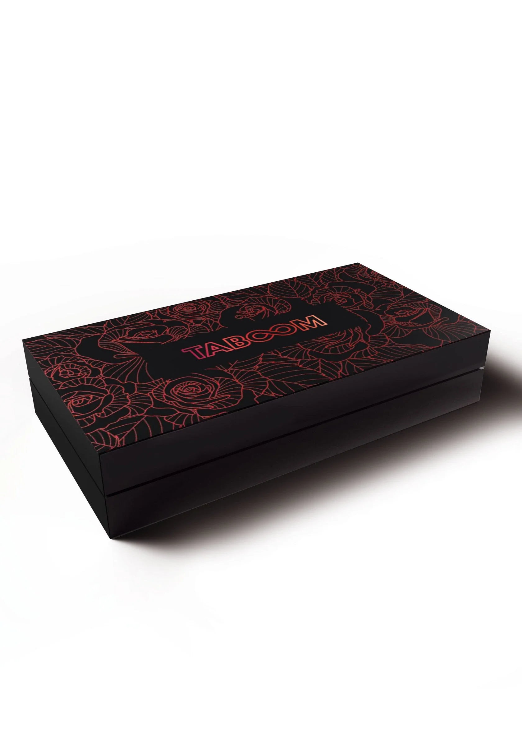 Zwarte doos met rood rozenpatroon en TABOOM-opdruk
