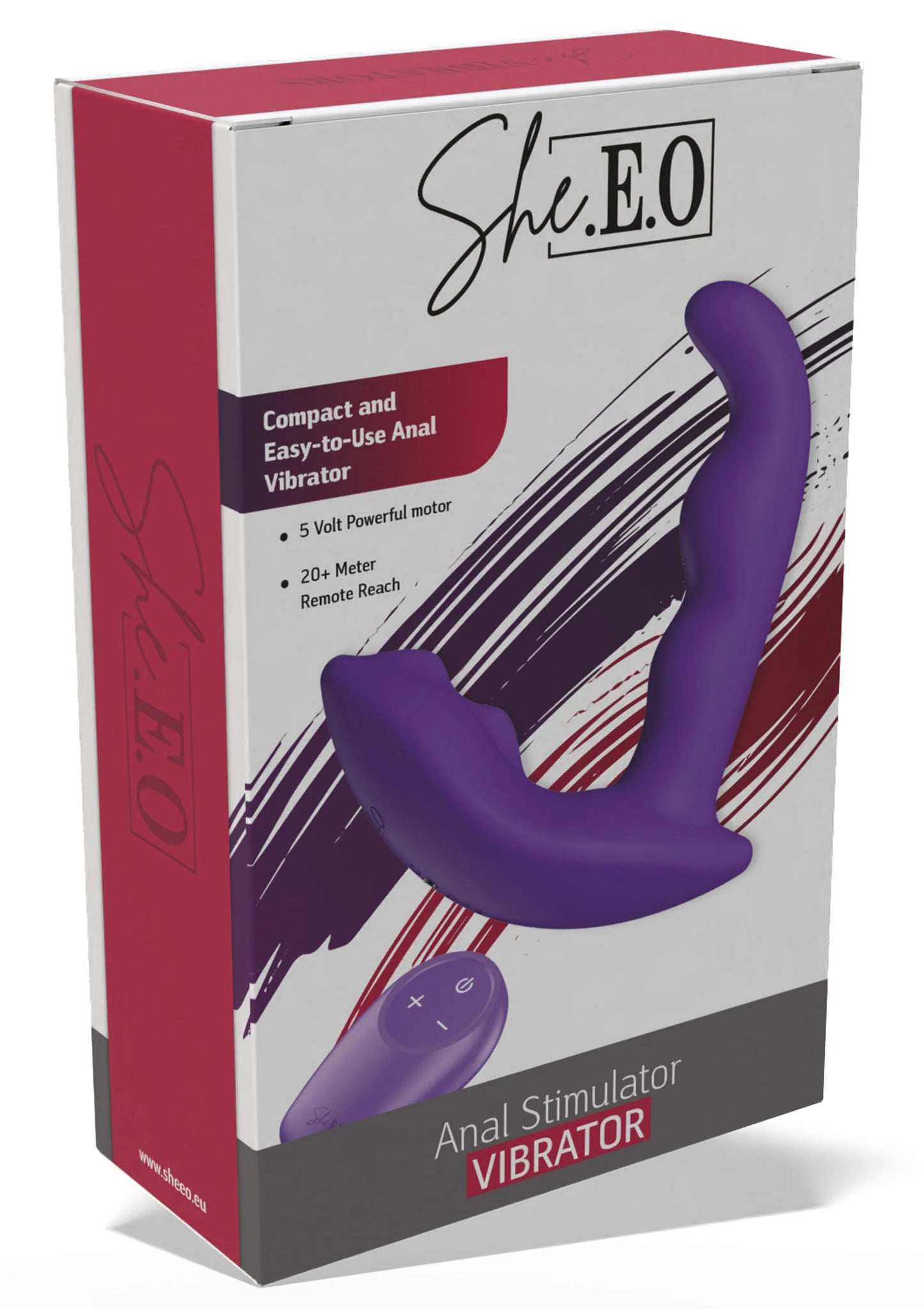 Verpakte paarse anale stimulator She.E.O. met gebogen insert en bedieningsknop.