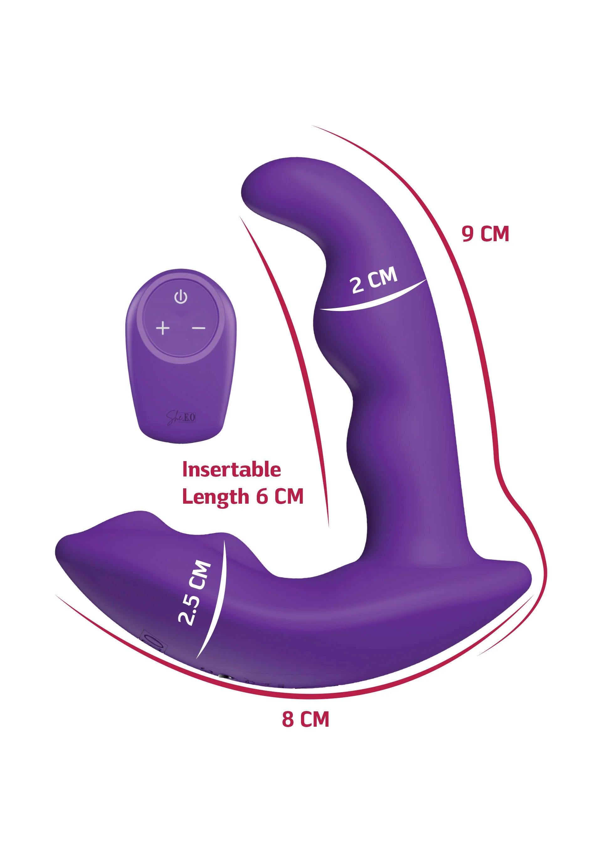 Paarse anale stimulator met afmetingen: insertlengte 6 cm, breedte 2 cm, 9 cm hoog.