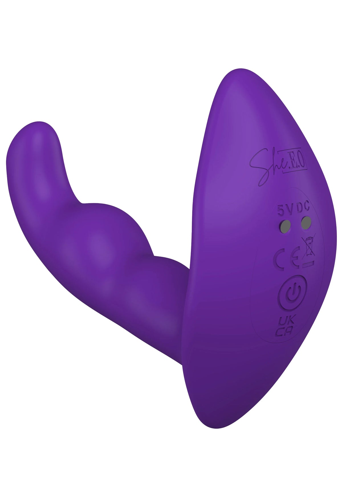 Paarse anale stimulator met zichtbare bedieningszijde en keurmerken onderaan.