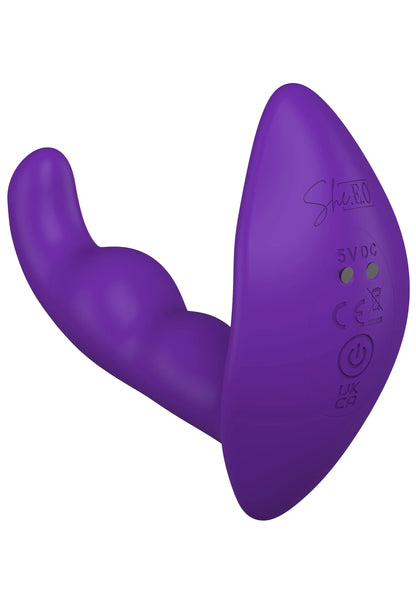 Paarse anale stimulator met zichtbare bedieningszijde en keurmerken onderaan.