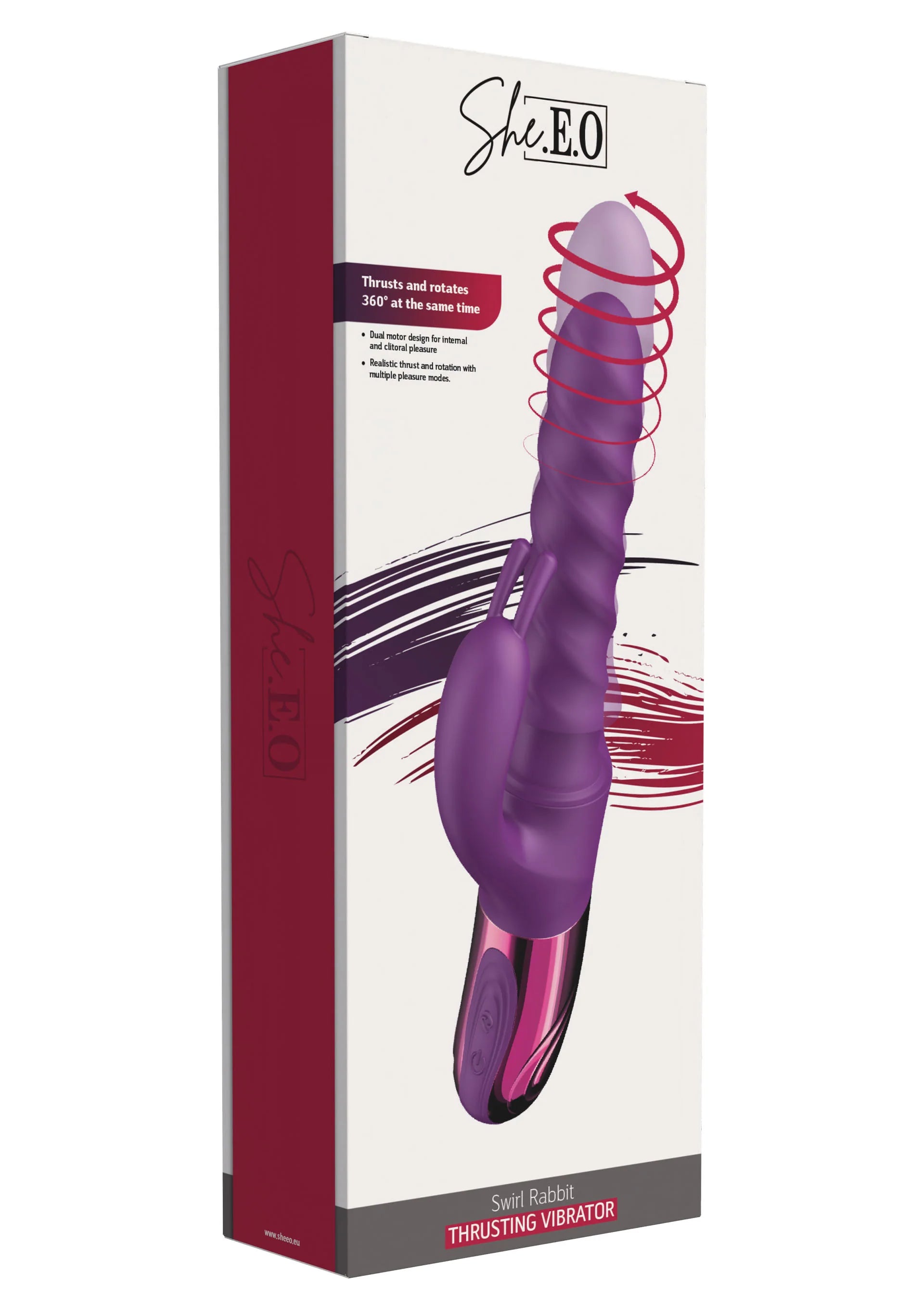 Verpakking Swirl-konijnvibrator She.E.O. met paars model en rode spiraalaccenten