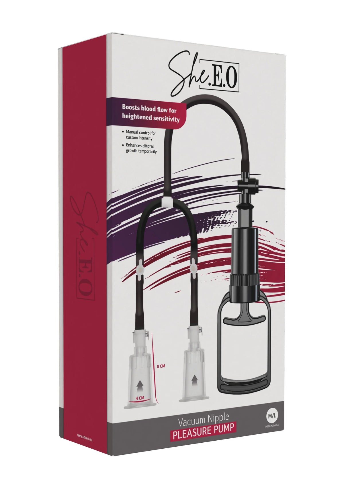 She.E.O vacuum borstzuigpomp doos met afbeelding van zuigpomp en twee kappen