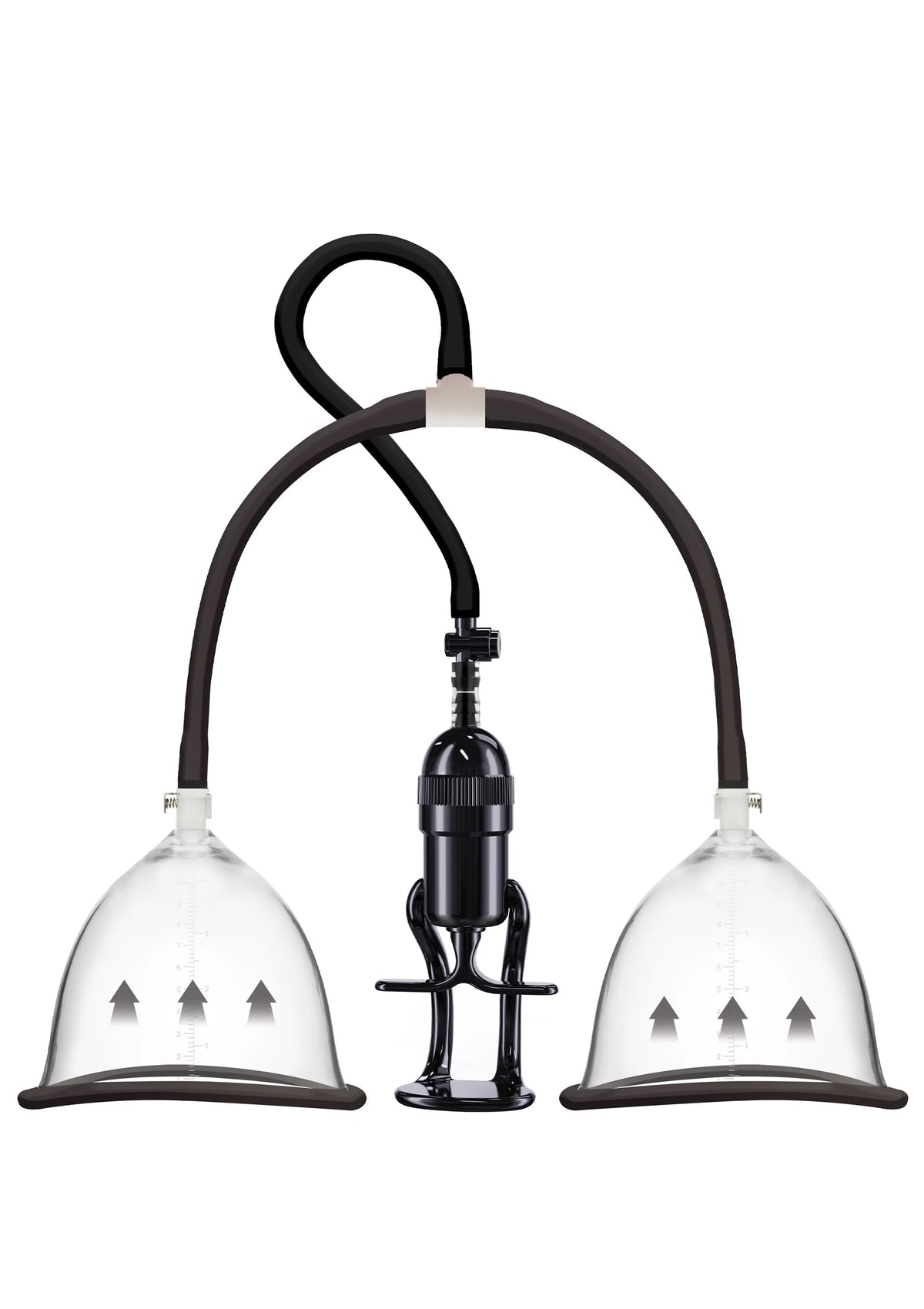 Vacuum borstplezierpomp met twee transparante domes en gebogen slangklemmen