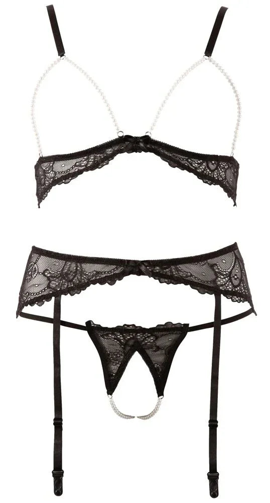 Kanten set met een beugelloze bh en parels, string zonder kruis en een jarretelgordel - Happytoys Sexshop: Toys for Feeling Happy & Easy 😊 - Discreet geleverd