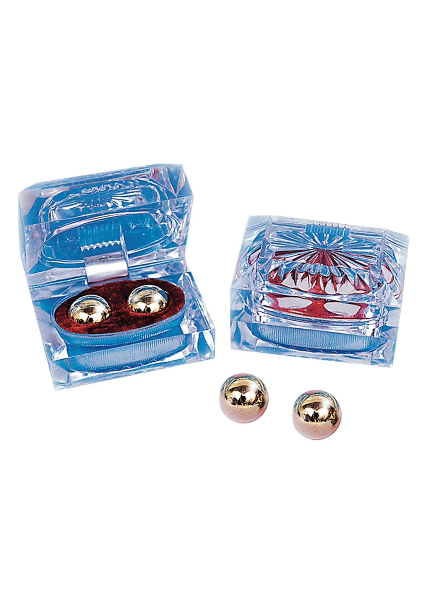 Set gouden metalen kogels met twee blauwe transparante doosjes en drie losse kogels