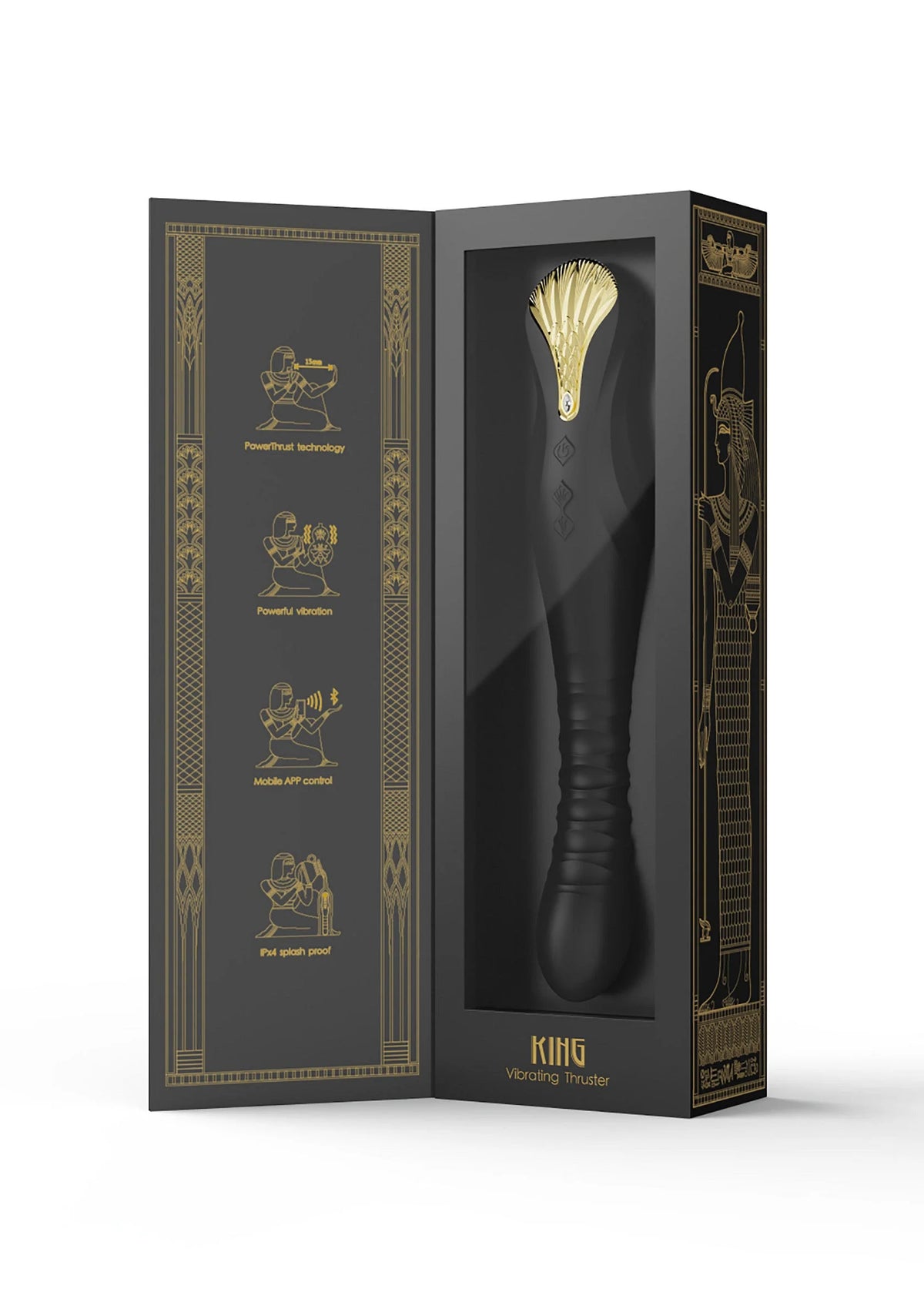 Doosverpakking met zwarte dildo en gouden ornamentillustraties.