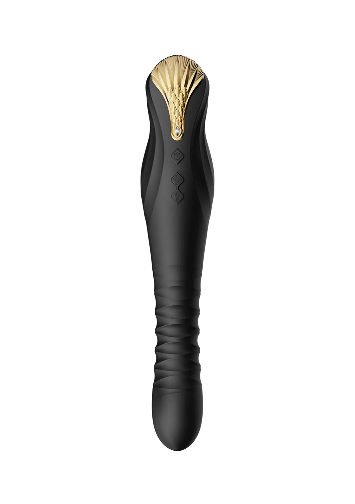 Zwarte dildo met gouden kop en gladde, taps toelopende vorm.