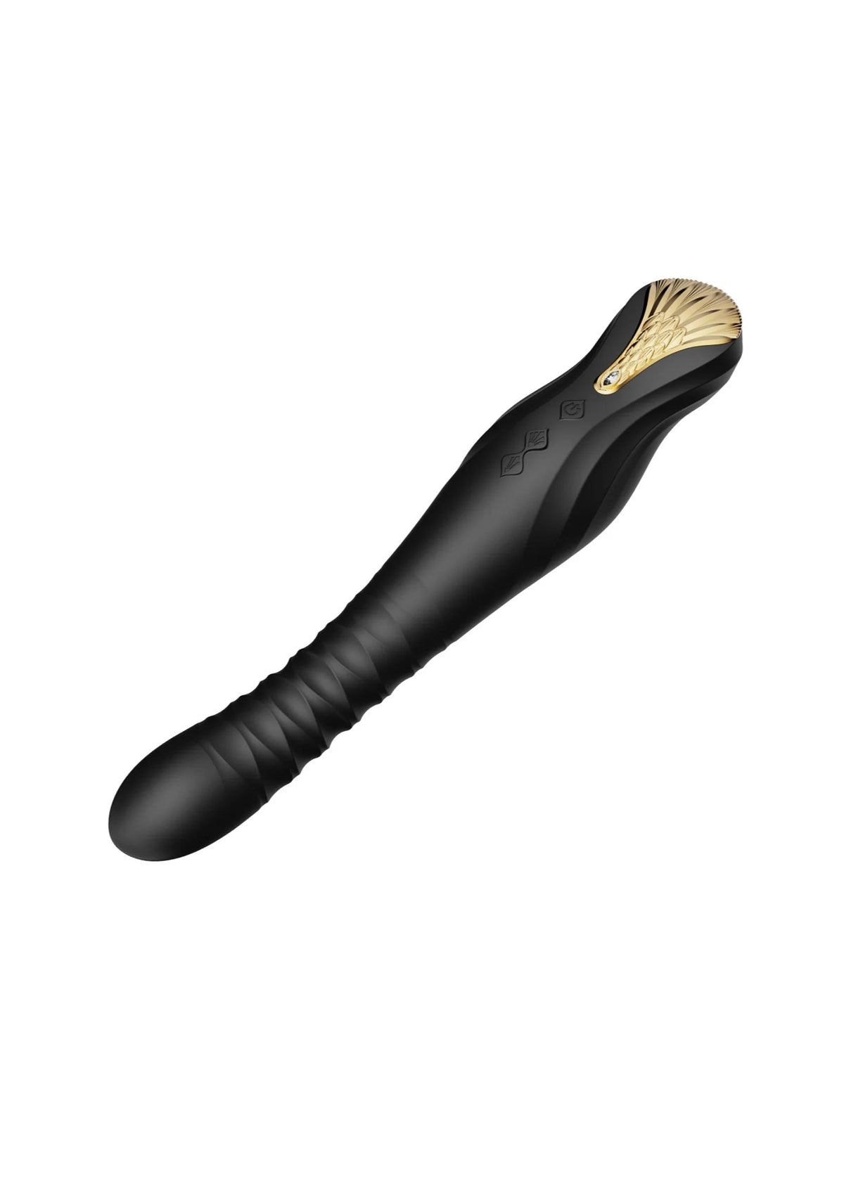 Zwarte dildo met goudkleurige neus, afgeronde vorm en zachte textuur.