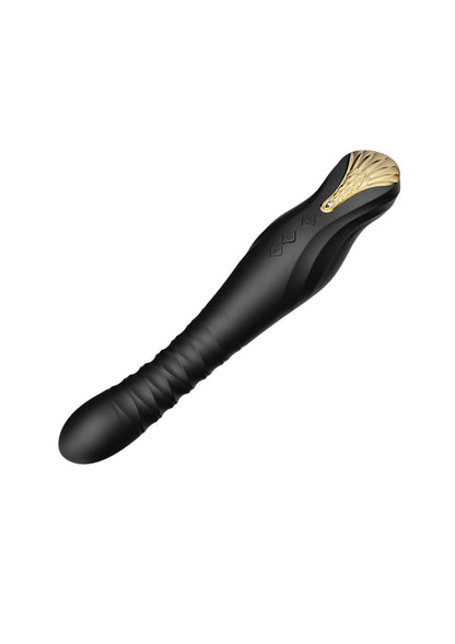Zwart seksspeeltje met goudkleurige rand bij de kop.