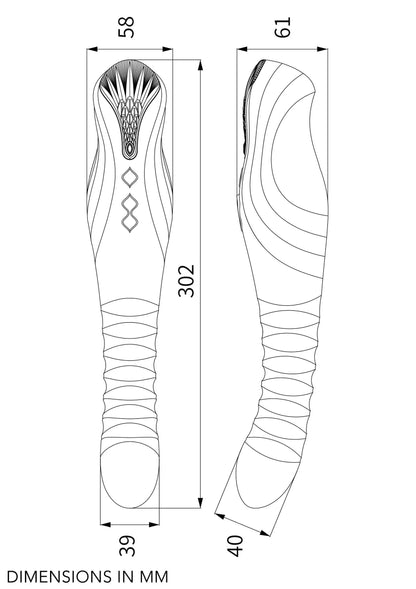 Technische tekening van dildo: voor- en zijaanzicht met afmetingen in mm.