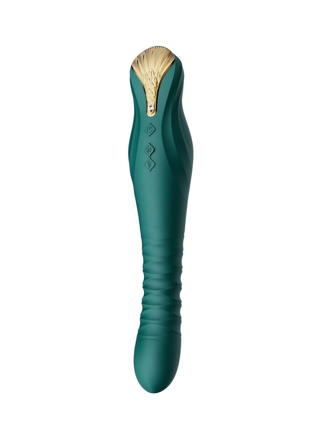 Groene dildo frontaal met gouden kop en subtiele reliëflijnen over de body.
