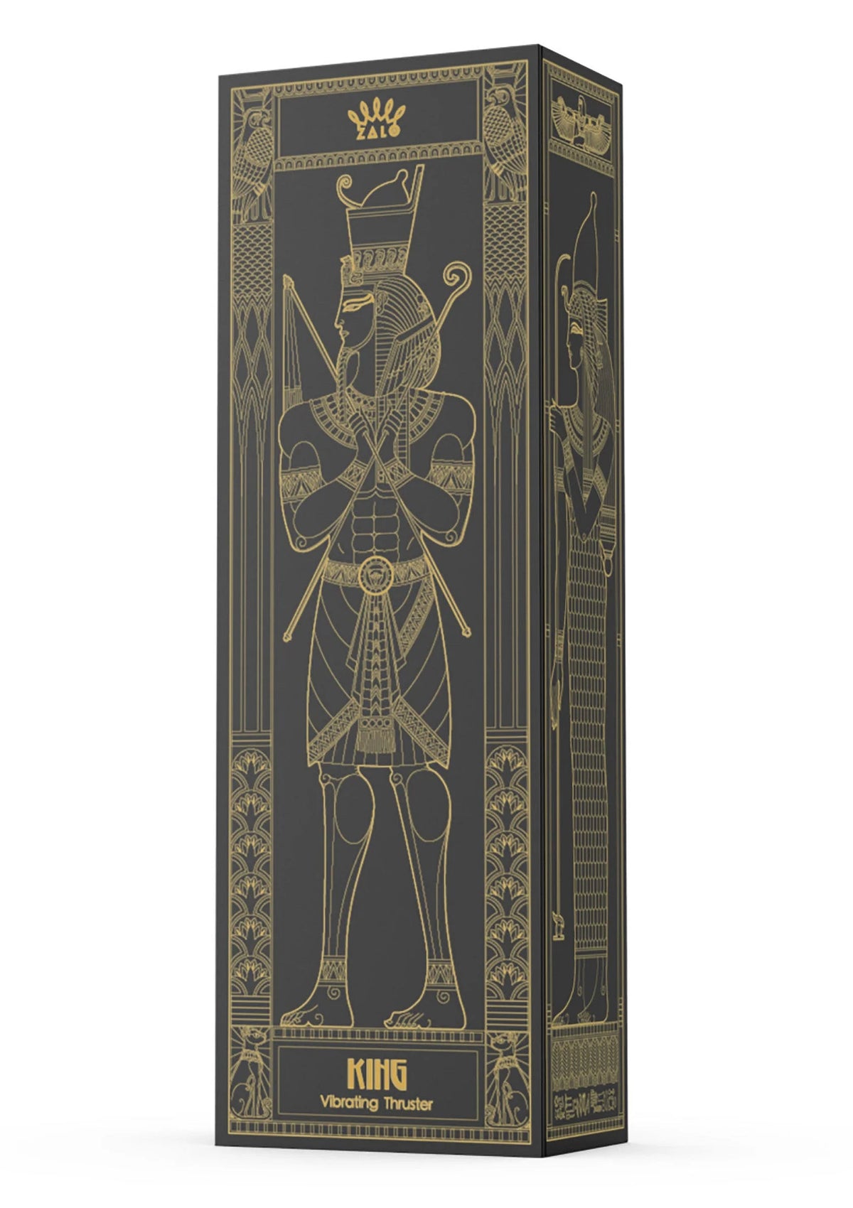 Verpakking van King Thruster dildo van Zalo met gouden opdruk en illustratie.