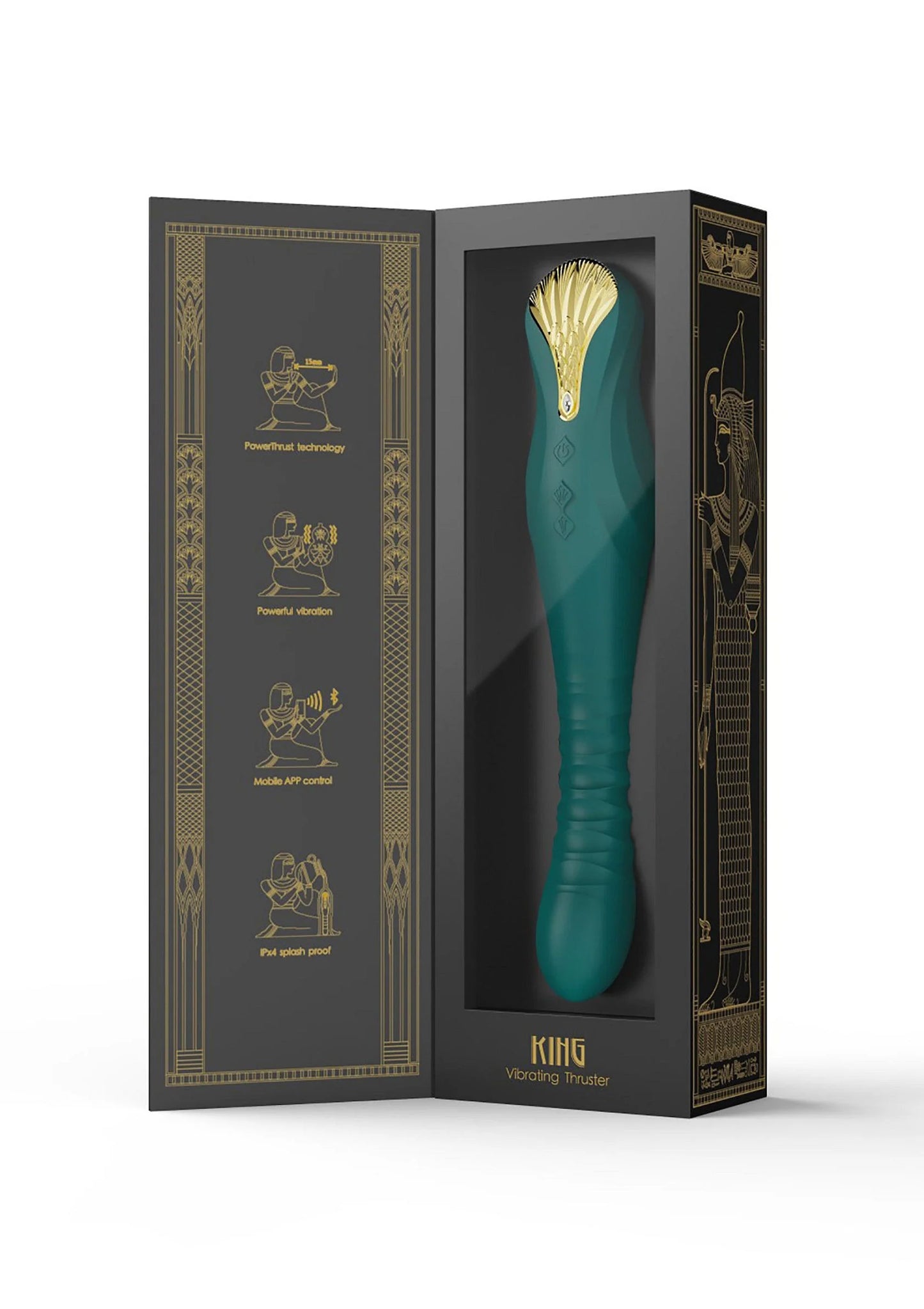 Doosverpakking met groene dildo en gouden ornamentillustraties.