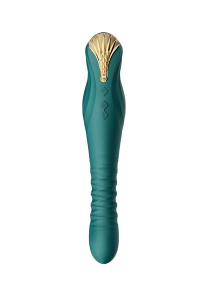 Teal dildo met goudkleurige kop, taps toelopende vorm en glad oppervlak.