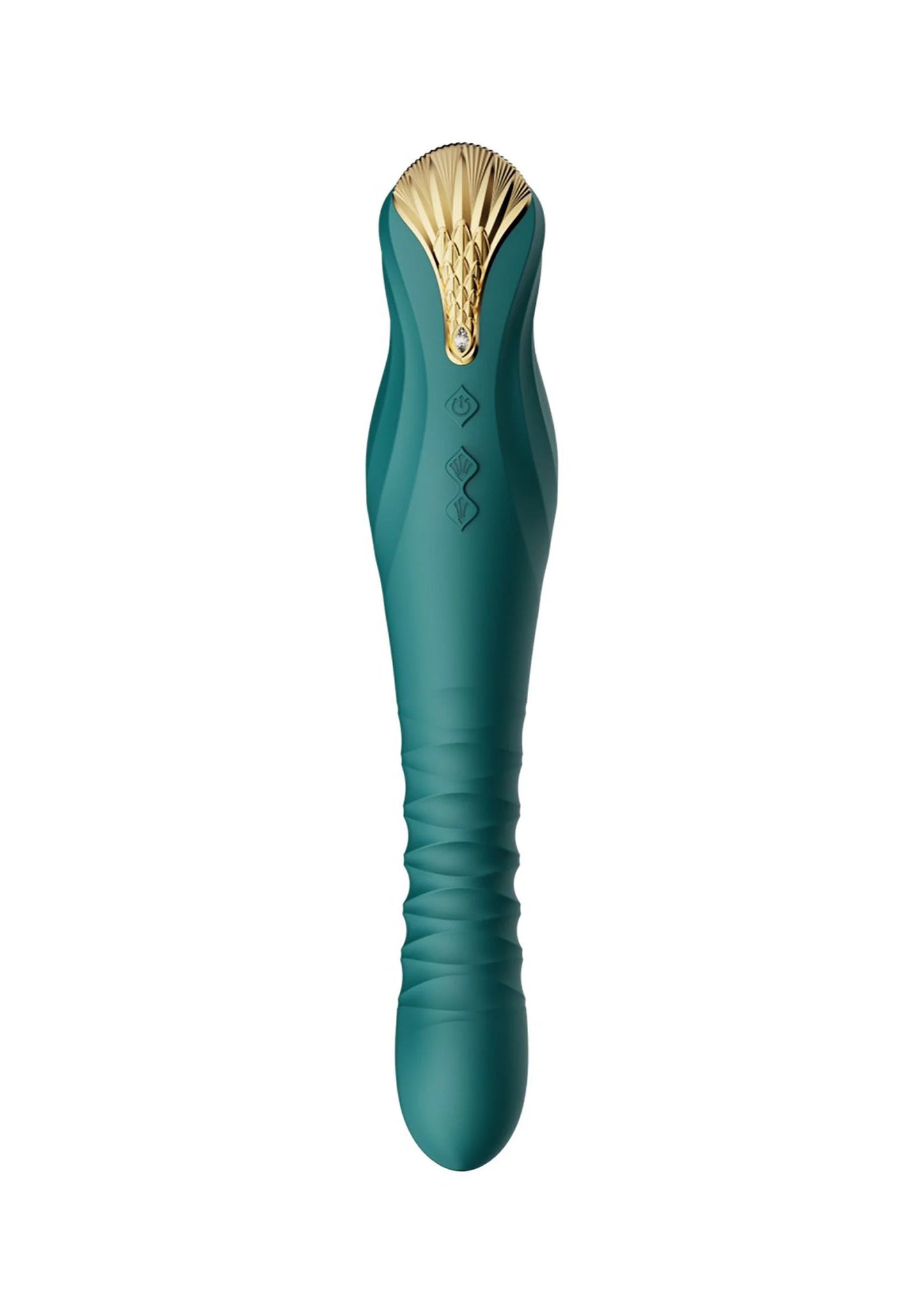Groen seksspeeltje met goudkleurige kop en gebogen uiteinde.