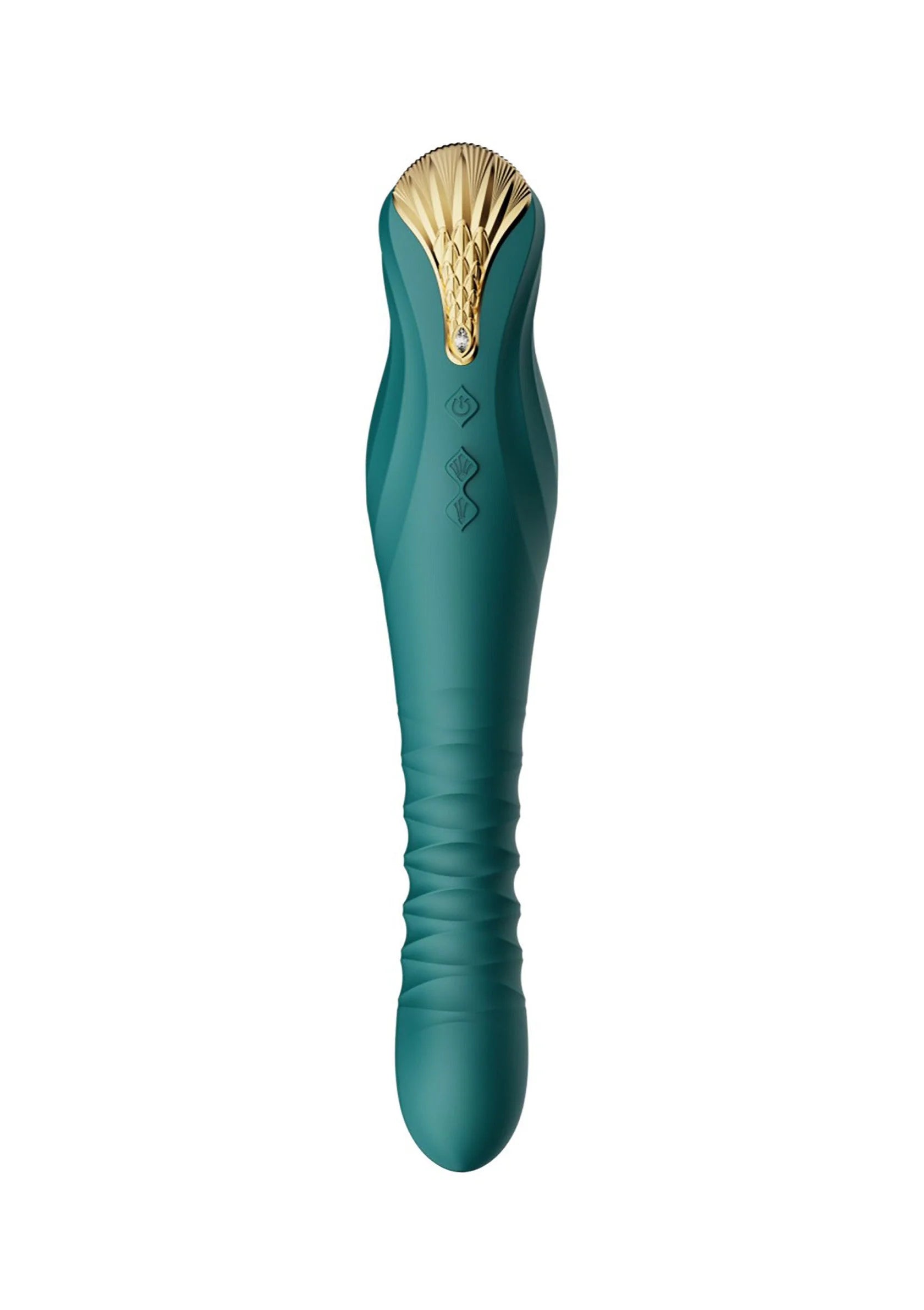 Groen seksspeeltje met goudkleurige kop en gebogen uiteinde.