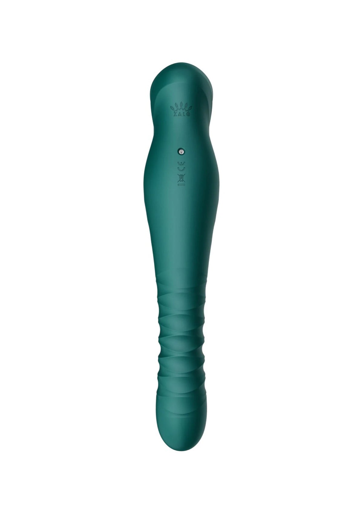 Teal dildo met donker reliëflogo op de schacht en kleine opening aan de zijkant.