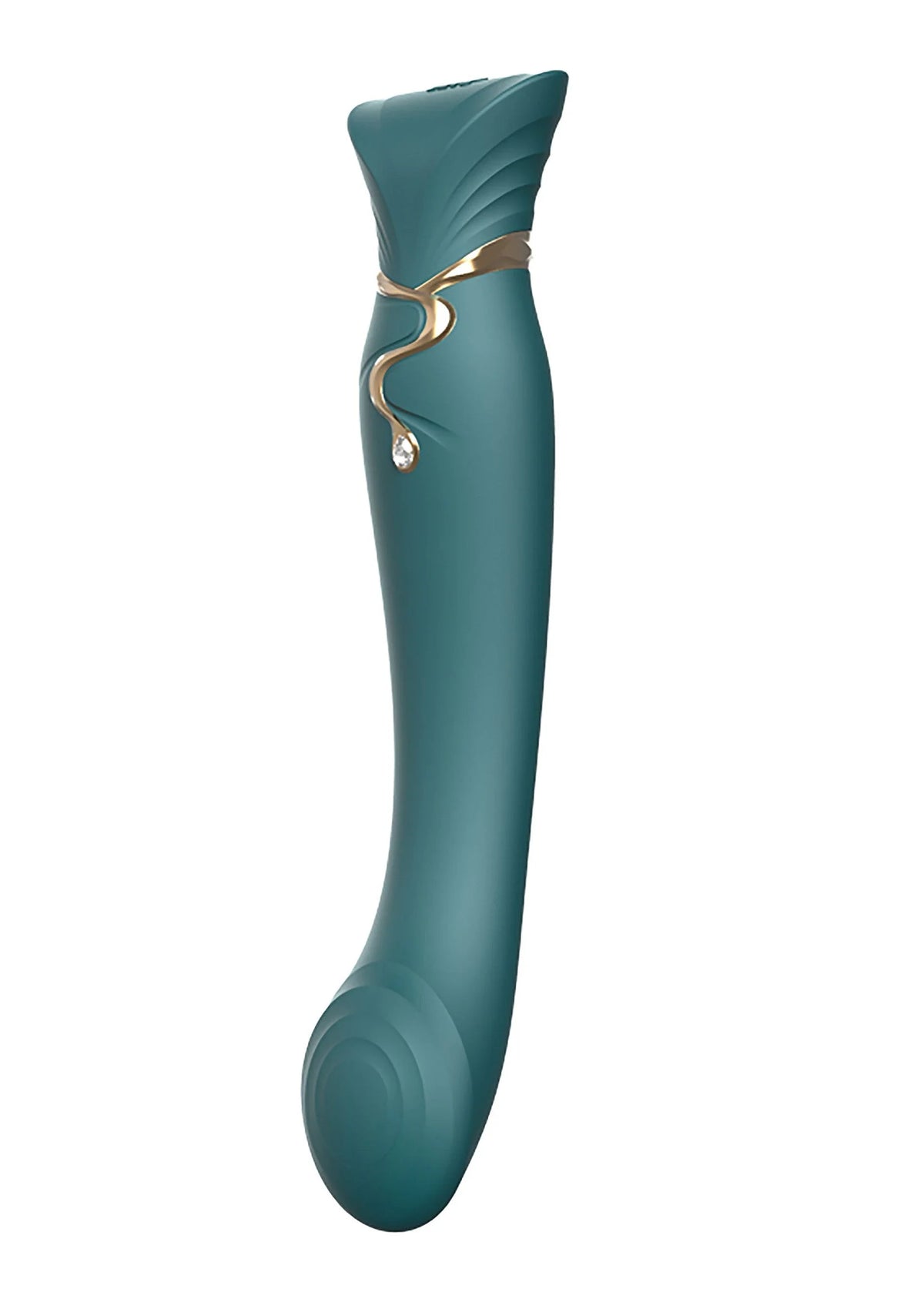 Teal/groene G-spot vibrator met afgeronde punt en gouden ring rond de hals