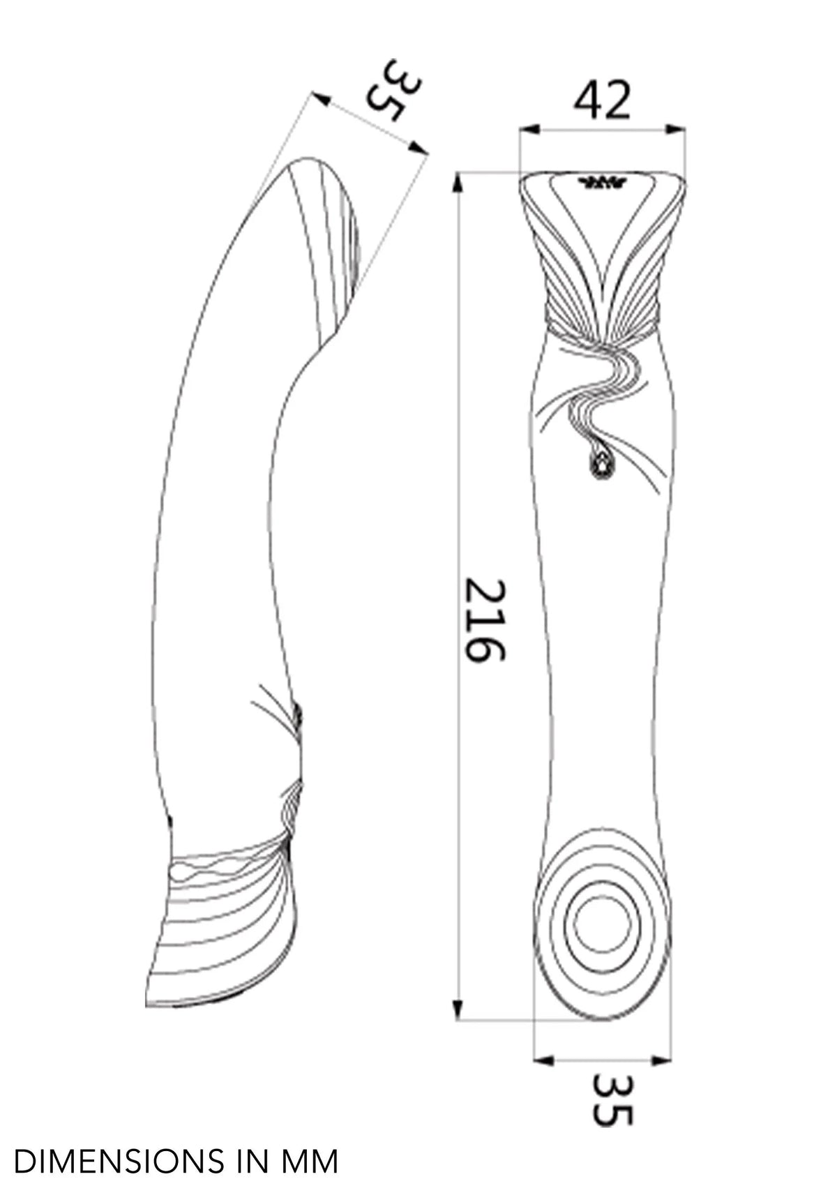 Afmetingendiagram van G-spot puls-wav vibrator: 216 mm lengte, 42 mm breedte