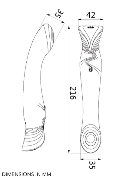 Afmetingendiagram van G-spot puls-wav vibrator: 216 mm lengte, 42 mm breedte