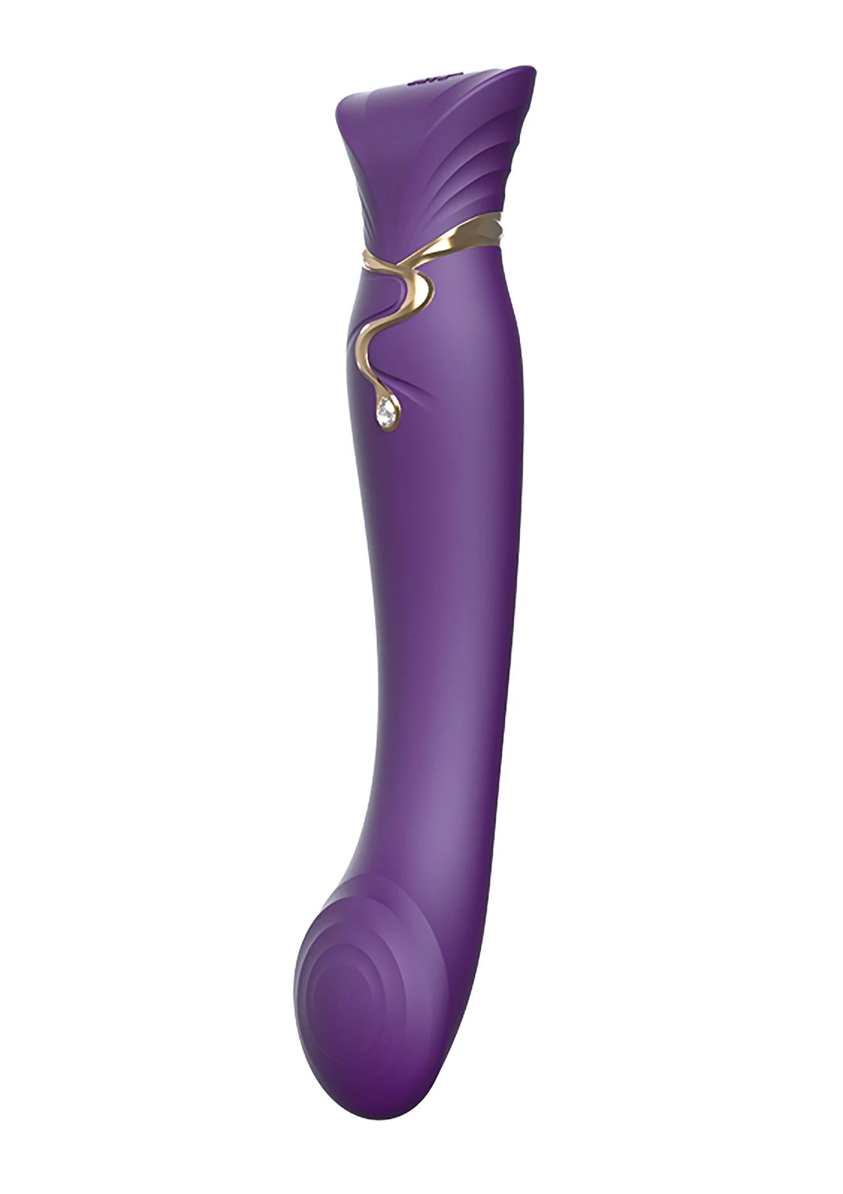 Paarse gebogen g-spot vibrator met gouden ring en bolvormige kop