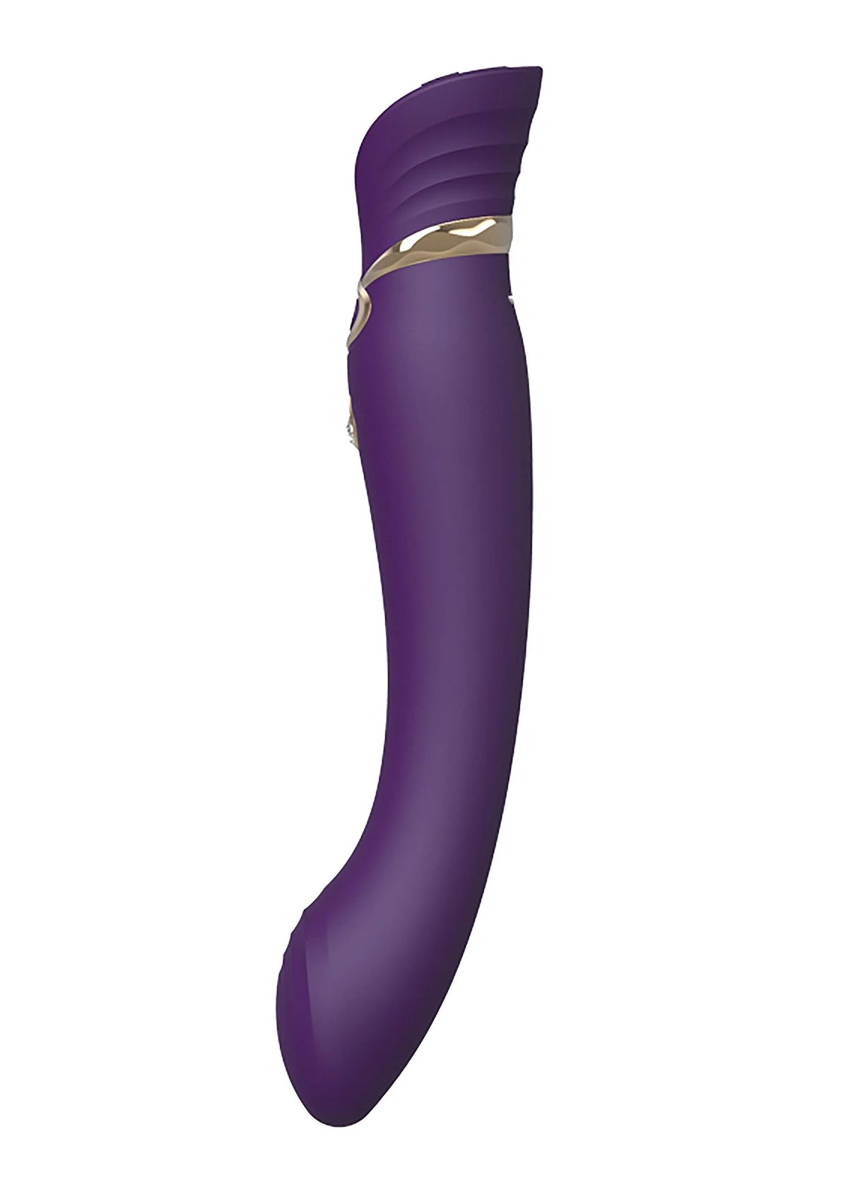 Paarse G-spot puls wave vibrator in zijaanzicht met gouden band en ronde knop