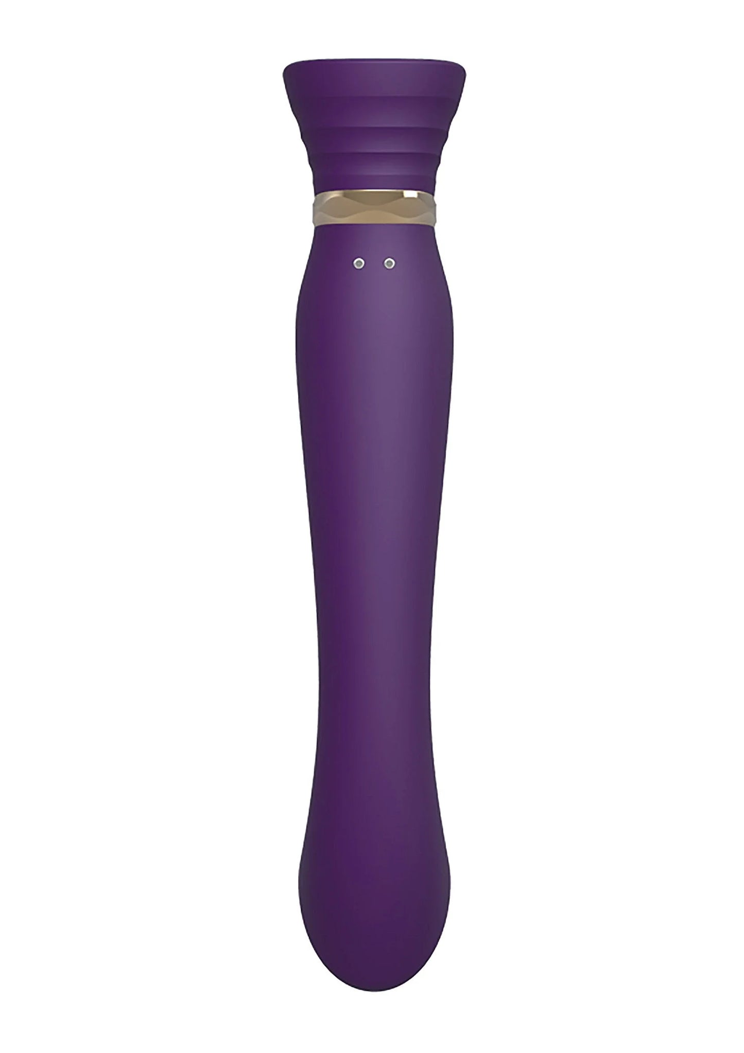 Paarse vibrator met brede kop en gouden band, staand en taps toelopend