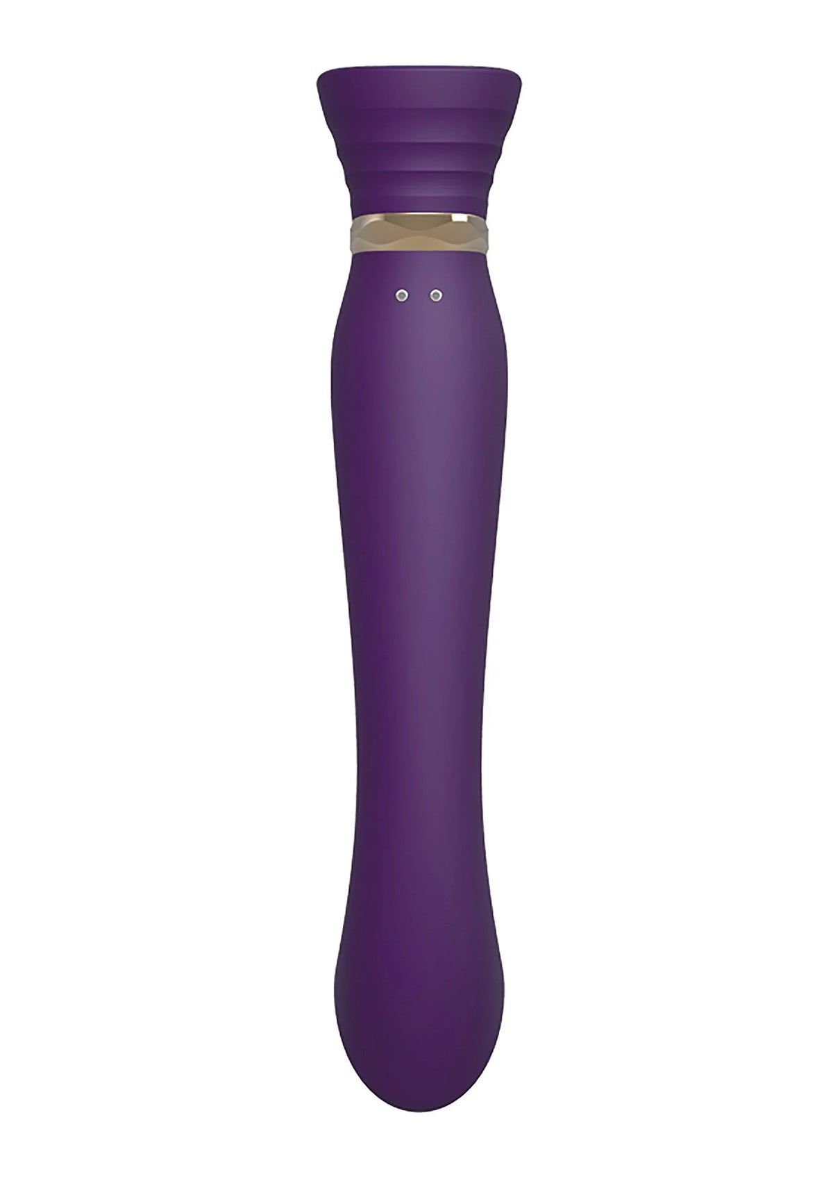 Paarse vibrator met brede kop en gouden band, staand en taps toelopend