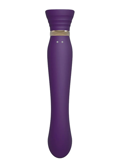 Paarse vibrator met brede kop en gouden band, staand en taps toelopend