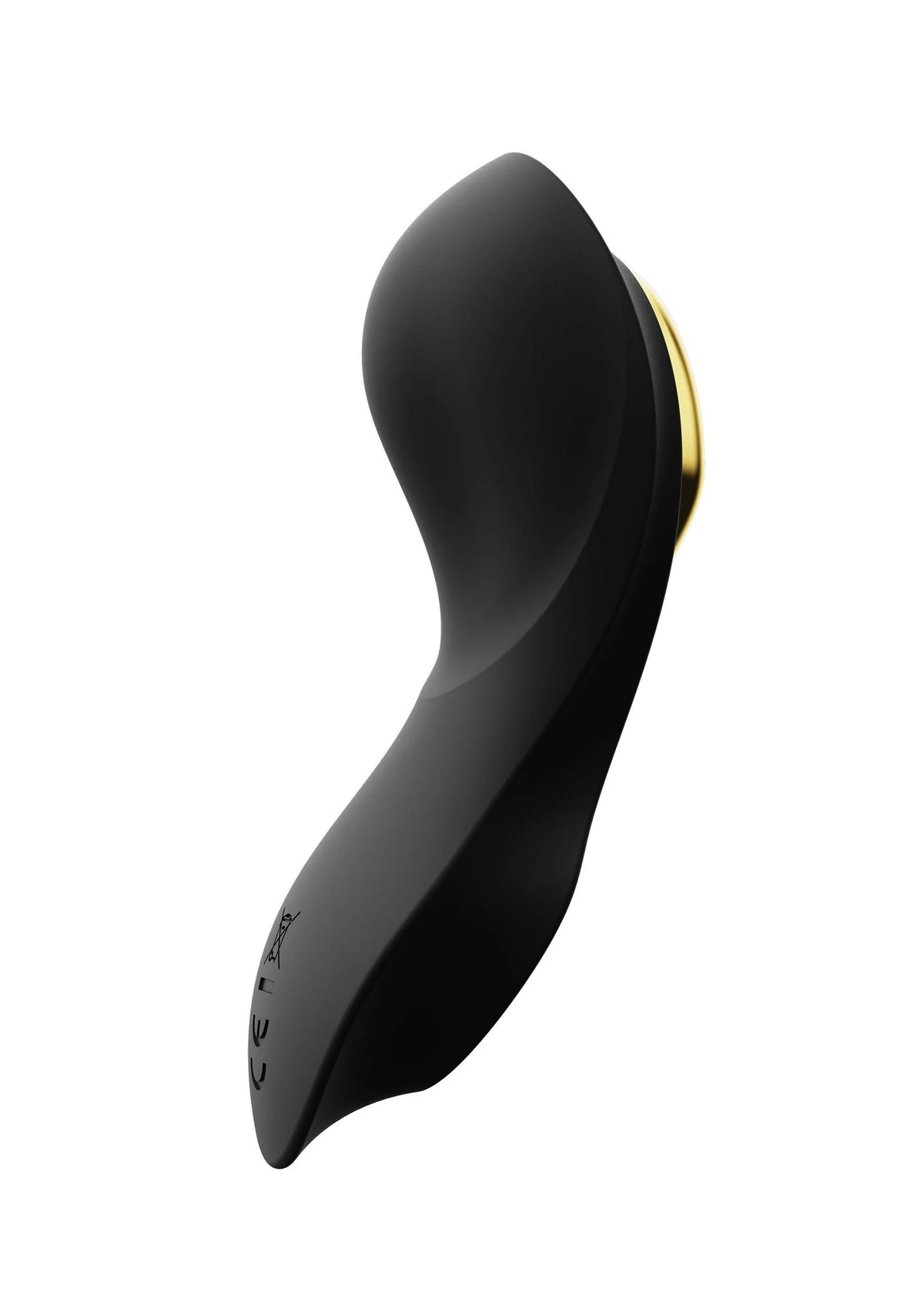 Zwarte draagbare vibrator met gouden uiteinde en gladde gebogen vorm