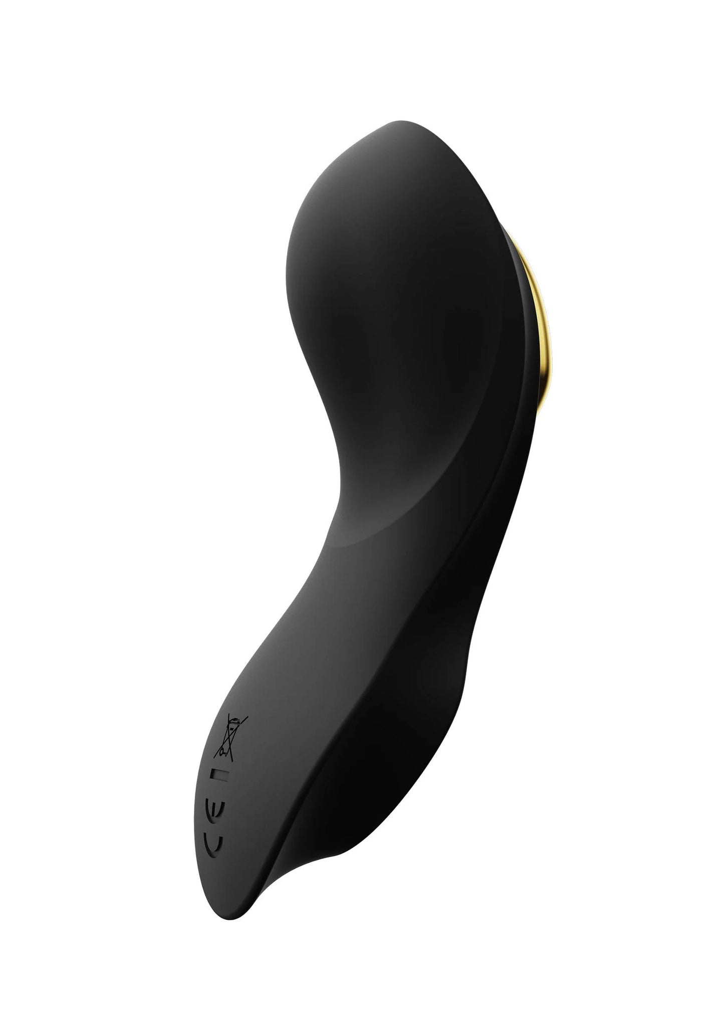 Zwarte gebogen draagbare vibrator met gouden rand en bedieningsicons