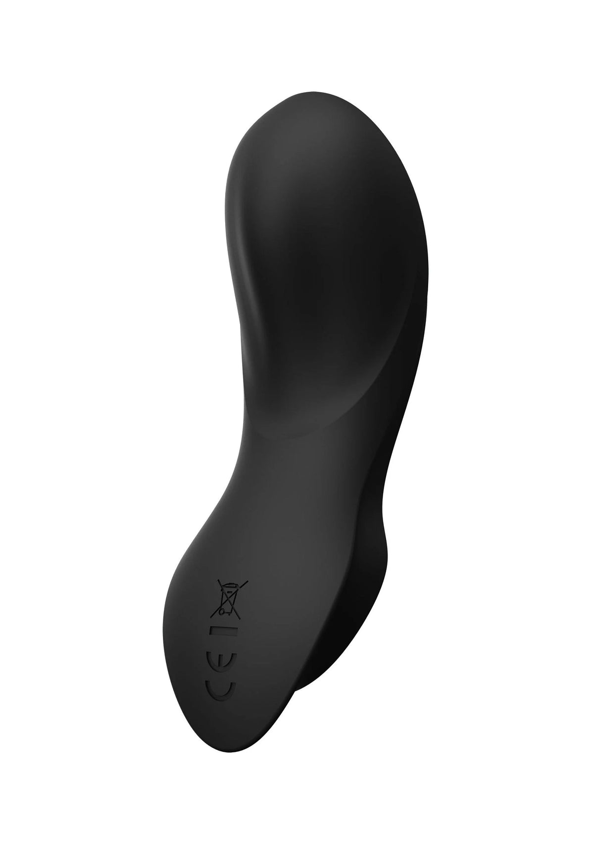 Zwarte draagbare vibrator met glad oppervlak en kleine bedieningssymbolen