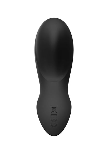 Draagbare vibrator, zwarte ovale vorm met kleine bedieningsmarkering onderaan.