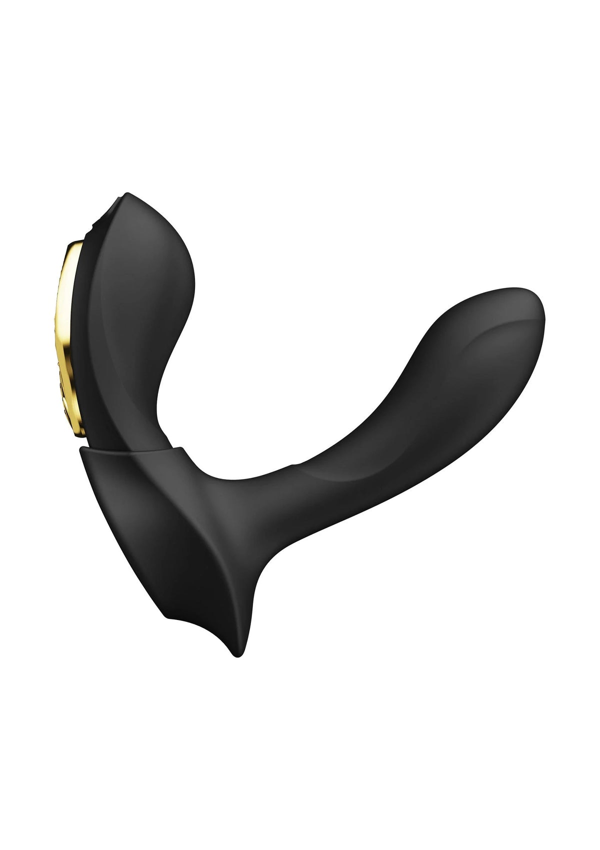 Draagbare vibrator met gebogen armpjes, zwarte behuizing en opengewerkte gouden binnenkant.