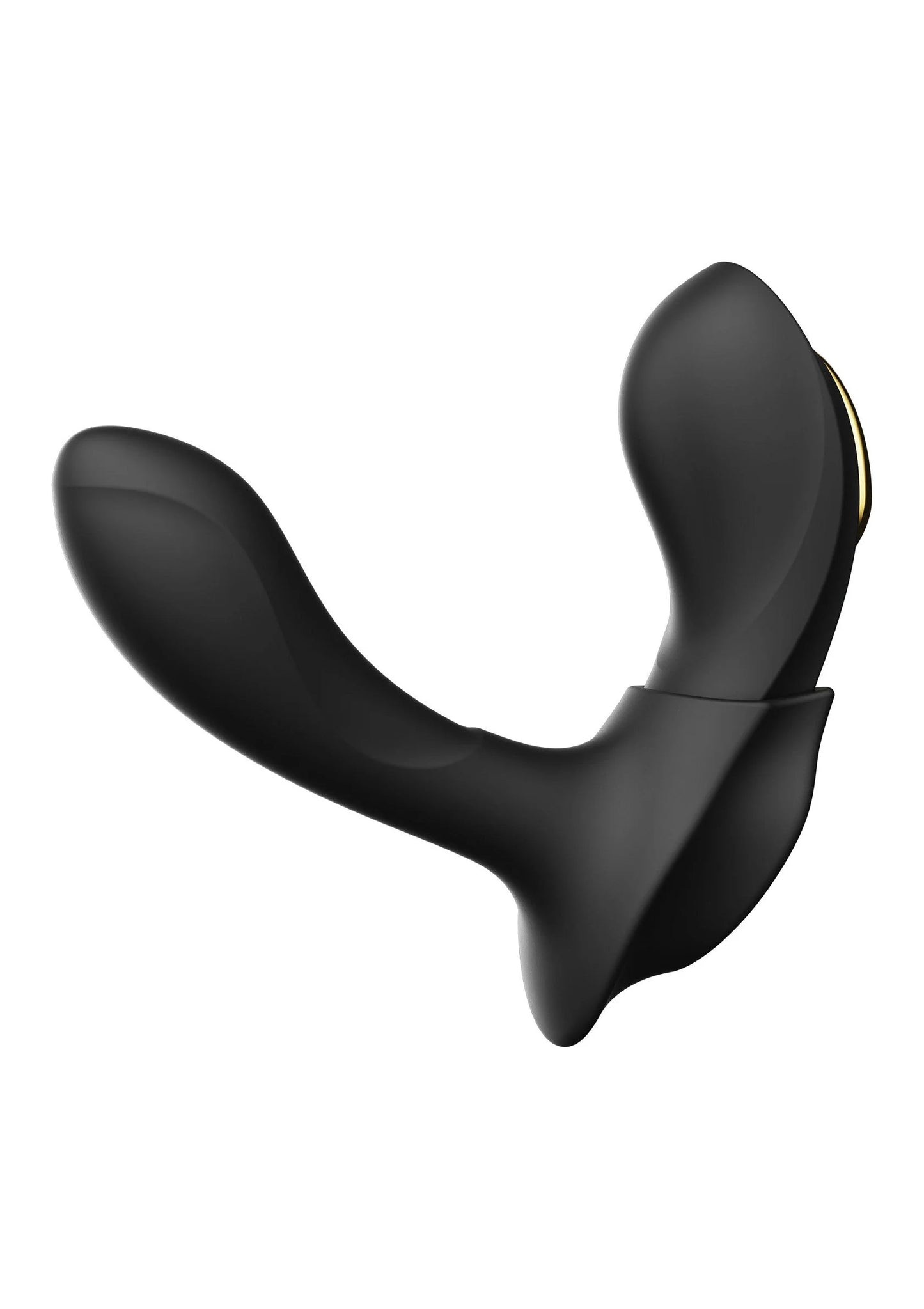 Draagbare vibrator in U-vorm, zwarte siliconen buitenkant zonder zichtbare gouden deel.