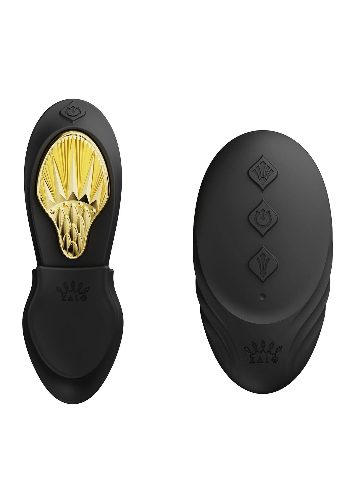 Draagbare vibrator van voren en achter, zwarte behuizing met gouden binnenkant links.