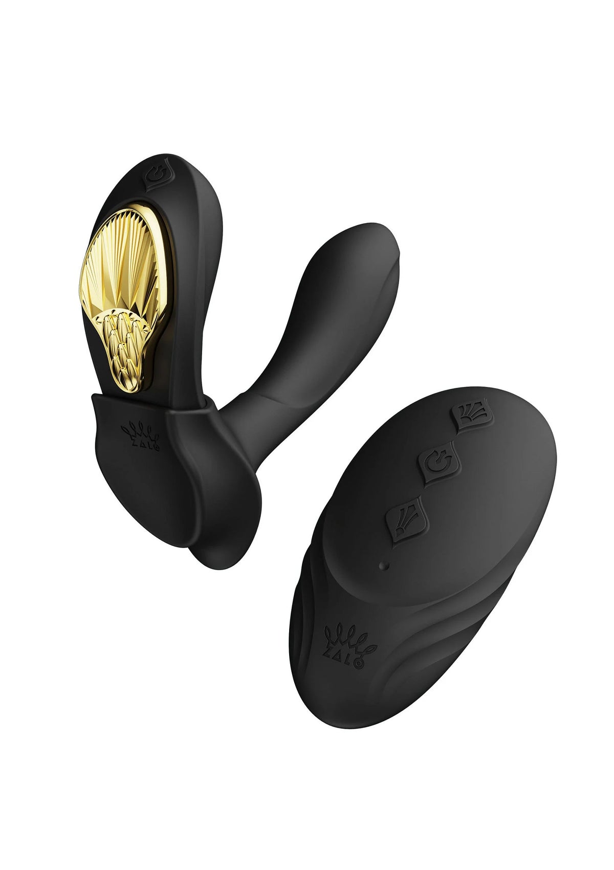 Draagbare vibrator, zwarte gebogen vorm met gouden binnenkant en Zalo-logo