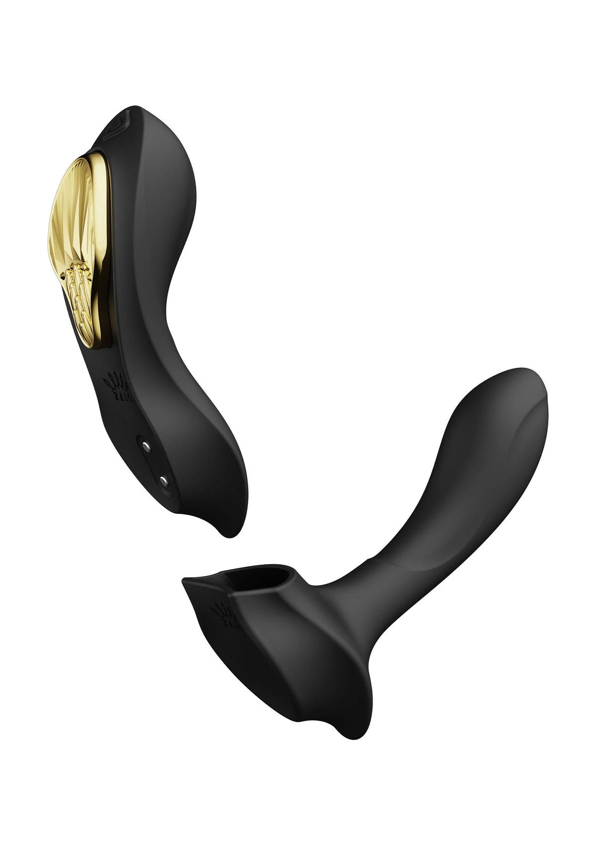 Draagbare vibrator in Y-vorm, zwarte buitenkant met open gouden binnenkant aan de zijkant.
