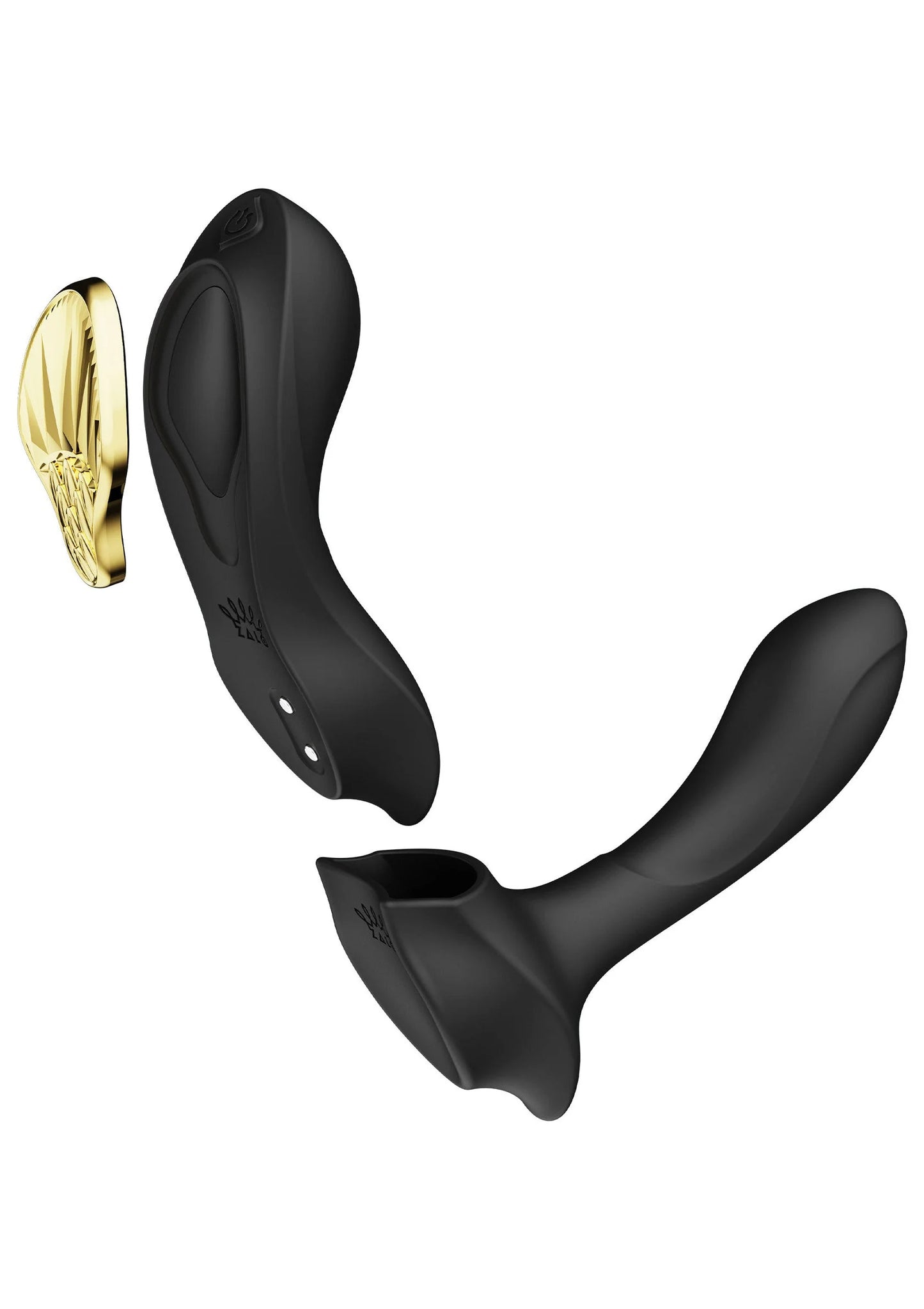 Draagbare vibrator in Y-vorm, zwarte behuizing met gouden binnenkant links en rechts open.