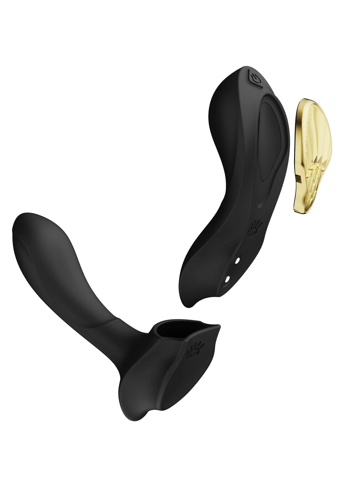 Draagbare vibrator in gespreide U-vorm, zwarte behuizing met gouden binnenpaneel rechts.