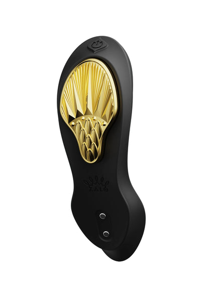 Zwarte draagbare vibrator met gouden opzet en twee knoppen onderaan